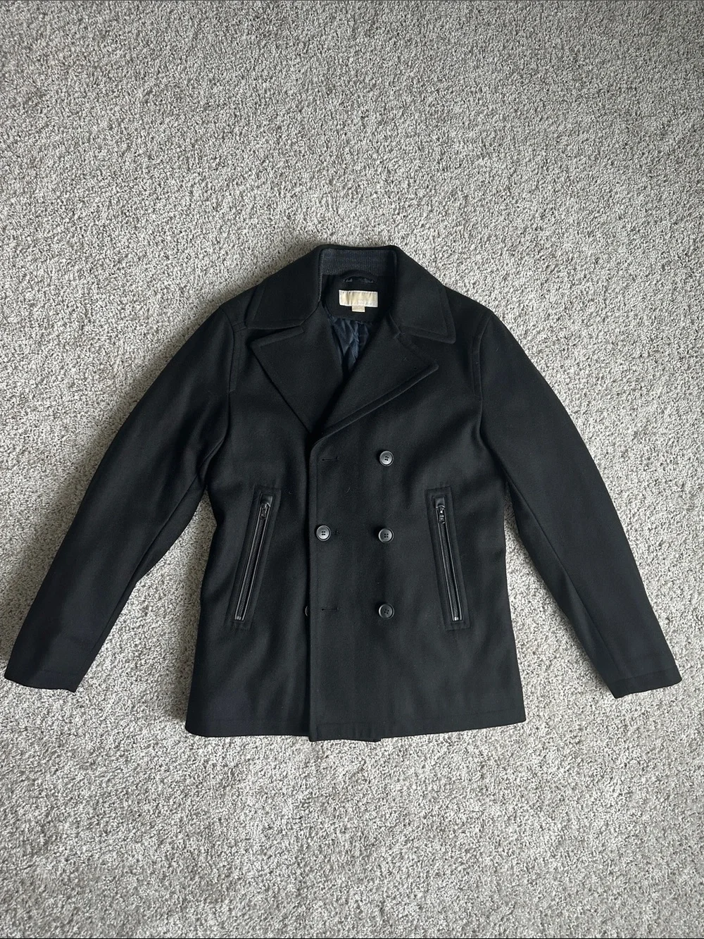 MICHAEL Michael Kors Men's Black Double-Breasted Wool Peacoat with Zip Pockets